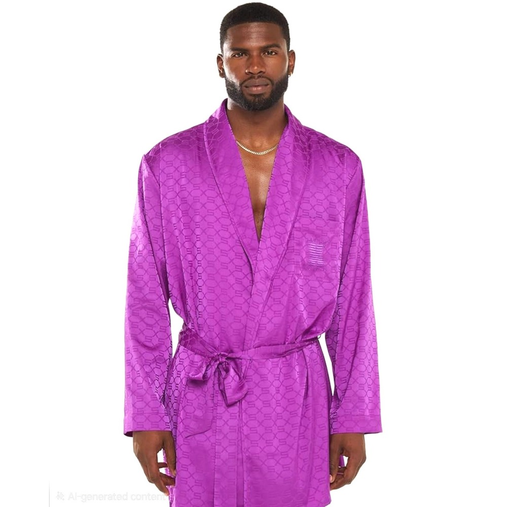 Savage X Fenty Mens Juicy Purple Jacquard Monogram‎ Satin Smoking Jacket XS Robe